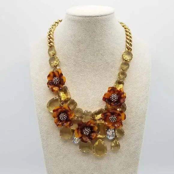 NWOT J Crew Tortoise Clear and Gold Crystal Statement Flower Necklace - Picture 1 of 12